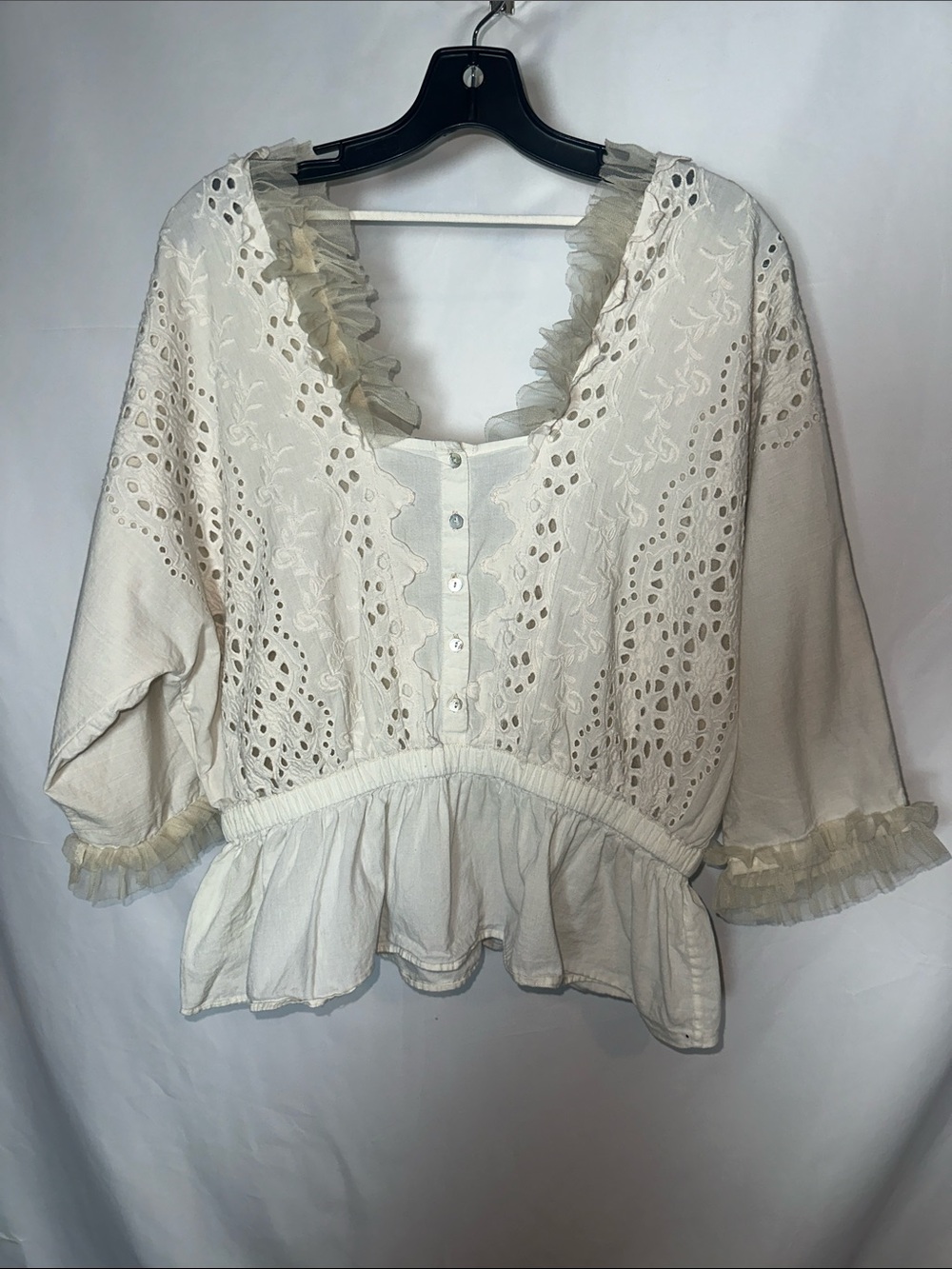 Aratta silent journey Ruffled Eyelet Peplum Blouse in Cream